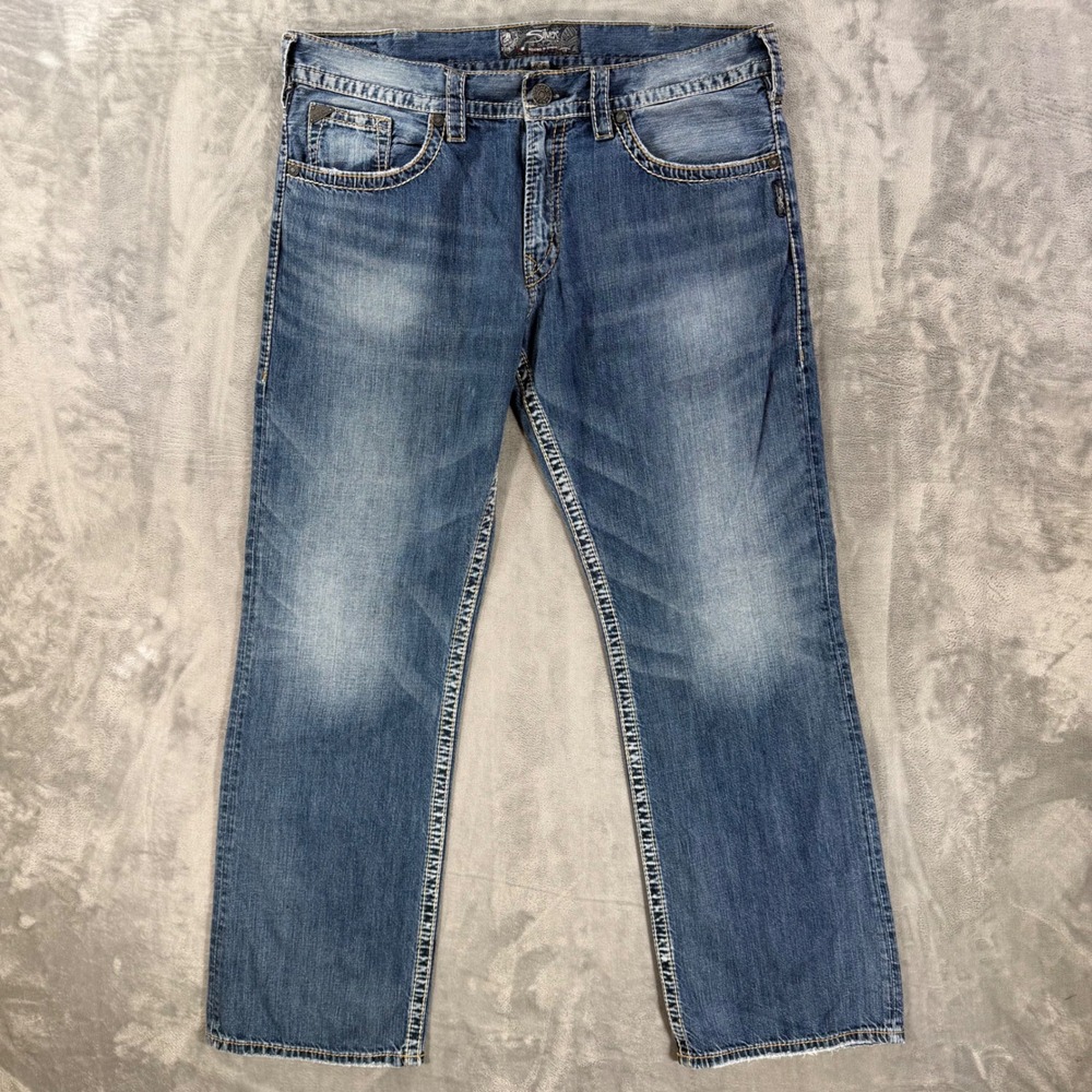 Silver Jeans Zac Flap Relaxed Fit Jeans Men's 38x34 Blue Faded Denim Western